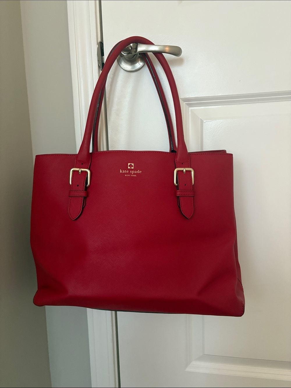 Kate Spade Red Saffiano Leather Tote with Gold Hardware